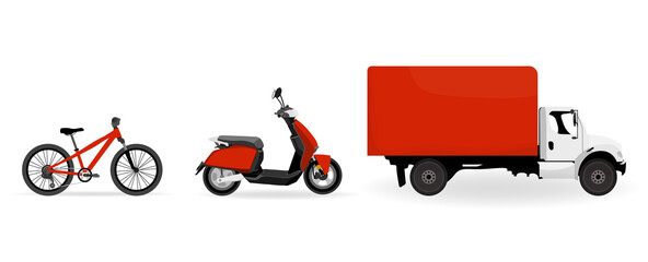 Bicycle scooter van red set. Vector illustration.