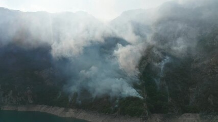 Clouds of white smoke from a wildfire backlit by sun, caused by burning forest due to climate change. Mountain fire producing billowing smoky plumes resembling fog or mist. - Powered by Adobe