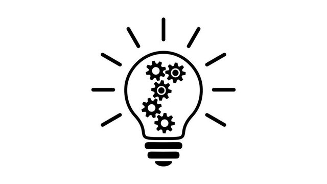Lamp bulb with 5 gears (cog wheels) rotating inside, turns on and off, black and white simple outline flat icon. Animated idea, innovation sign. Lamp symbol on transparent background. alpha channel.