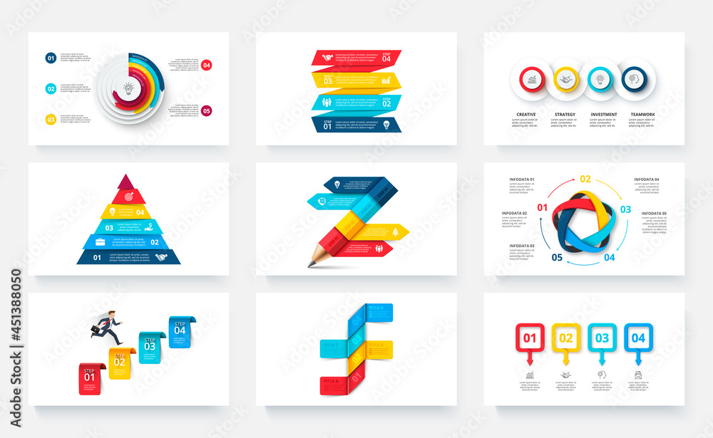 Aufkleber nine slides with infographics elements for business presentation. vector info graphic design templat