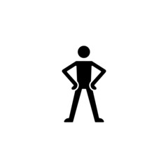 Confidence body language black glyph icon. Standing in confident posture. Expressing assertiveness. Keeping hands visible. Silhouette symbol on white space. Vector isolated illustration
