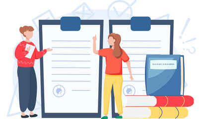 Creative concept of education. Student stands near stack of books. Back to school. Learning process. Business people communicate at meeting, folders with documents, meetup, conversation in office