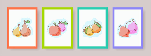 Fototapeta na wymiar Fruits vector banners. Design posters with pear, plum, peach, tangerine, mandarin, orange and pomegranate. Hand drawn picture. Cover template set