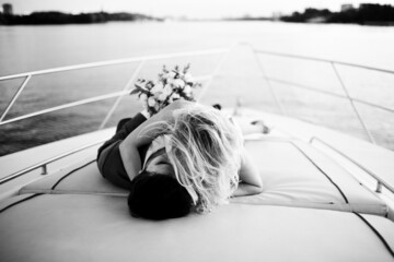 Wedding couple bride and groom together forever black and white image.