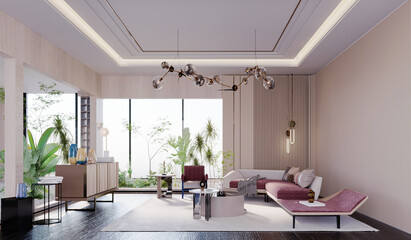 3d rendering,3d illustration, Interior Scene and  Mockup,Living room walls decorated 
with light wood grains create a natural atmosphere 
with a garden inside the furniture in red and purple tones.