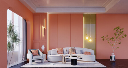 3d rendering,3d illustration, Interior Scene and  Mockup,
Living room with orange walls, white sofas and armchairs, the same color decorations as the walls and the window garden.