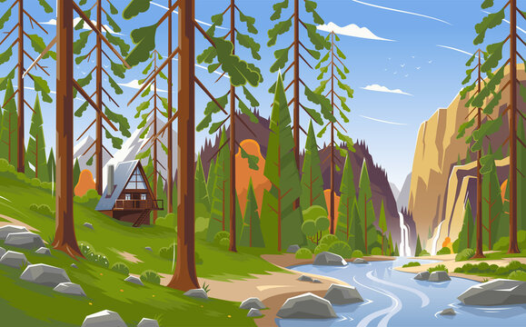 Summer landscape in a national park in the United States. Landscape of a forest in a park. Panorama of river and forest in a national park in Canada. Beautiful scenery. Vector illustration. EPS 10