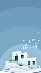 Vertical travel card with a traditional house of greek islands at the Aegean sea. A minimal, flat style 3D illustration template, with copy space