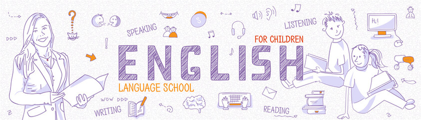 Horizontal Internet banner for Children's Language School or course. Teach and learn English. Blue outline icons, symbols, signs on white background. Line art illustration in panoramic view, vector