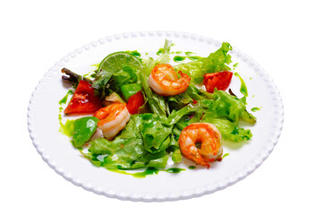 salad with shrimp and herbs on a white background