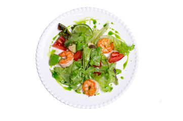 salad with shrimp and herbs on a white background