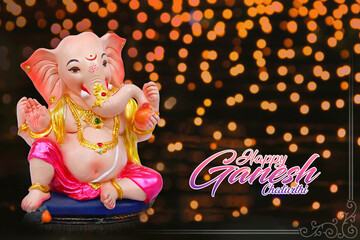 Happy Ganesh Chaturthi Greeting Card design with lord ganesha sclupture