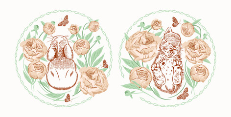 Little sleeping bunnies in a peony garden among the buds in round compositions