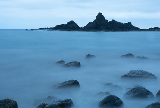 Rocks and waves on the beach of Saturraran in Mutriku, Euskadi