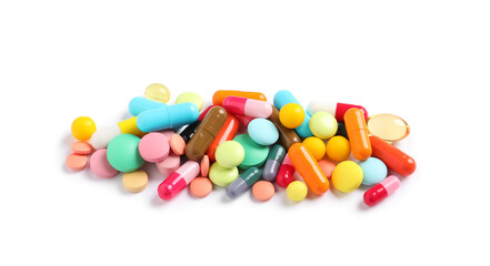Fototapeta na wymiar Heap of different colorful pills isolated on white