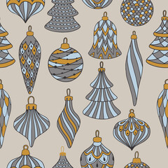 Merry Christmas, Happy New Year seamless pattern with christmas balls greeting cards, wrapping papers.