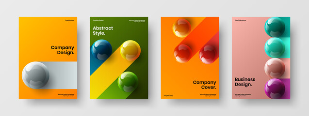 Abstract realistic spheres brochure concept set. Unique magazine cover design vector layout collection.