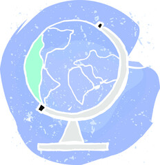 Obraz na płótnie Canvas Simple sketch of globe icon. Vector illustration in simple flat syle. White lineart on blue watercolor background. Very soft and light tones. Logo design.