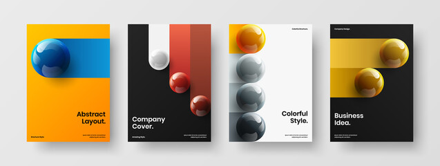 Vivid front page A4 vector design illustration set. Minimalistic realistic balls cover concept composition.