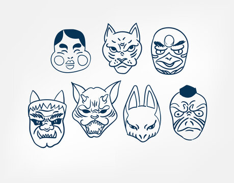 oni samurai mask set vector line art sketch japanese design isolated