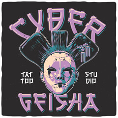 T-shirt or poster design with illustration of cyber geisha - 451394226