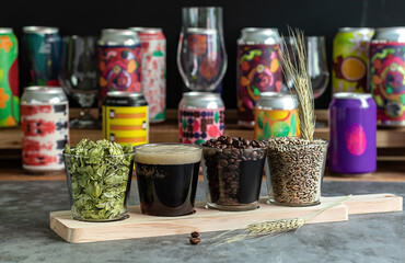 Wooden board for flight set craft beer tasting. Coffee stout or porter with ingredients. Bar with...