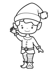 Christmas coloring book or page for kids. Christmas elf black and white vector illustration