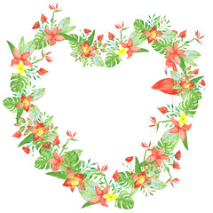 Fototapeta premium Exotic flowers frame in heard shape on a white background. Tropical romantic template. Bird of paradise, mallow, orchid, monstera, flamingo frame. Watercolor exotic wreath illustration. Paradise print