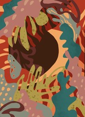 Layered colorful abstract design of fantasy tropical shapes