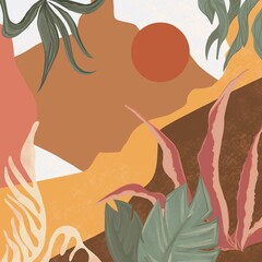 Simple abstract tropical sunset landscape in warm colors