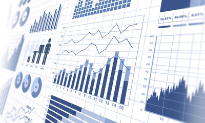 円グラフや棒グラフの様々なビジネス資料、財務グラフ、金融チャート