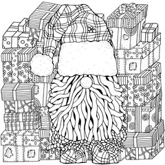 Fancy Santa with Christmas gifts. Merry Christmas. Pattern for coloring book. Black and white. Zentangle.