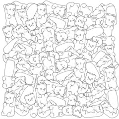 Pattern with gummy bears.  Adult coloring book page with shiny jelly bears. Black and white vector illustration.