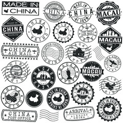Macao Set of Stamp. Vector Art Postal Passport Travel Design. Travel and Business Seals.