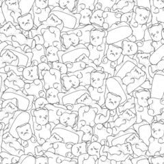 Seamless pattern with gummy bears.  Adult coloring book page with shiny jelly bears. Black and white vector illustration.