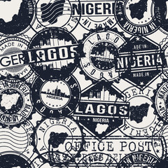 Lagos, Nigeria Stamps Background. A City Stamp Vector Art. Set of Postal Passport Travel. Design Set Pattern.