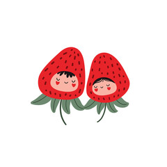 Cute strawberry characters in love isolated on white background. Valentine day concept. Cartoon flat vector illustration.