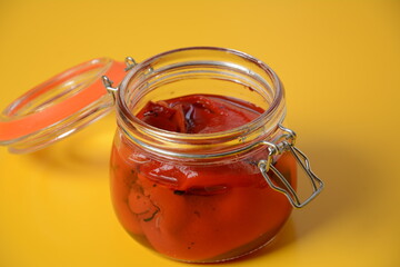 Delicious sweet red pepper pickles. Preserved, marinated red sweet peppers