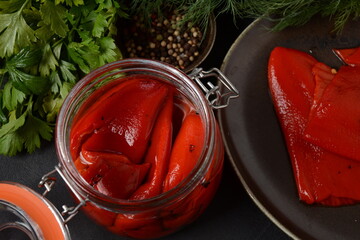 Delicious sweet red pepper pickles. Preserved, marinated red sweet peppers