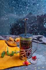 a warm, warming drink for the fall. tea with fruit additives and medicinal herbs. sea buckthorn, strawberry tea, sweet
