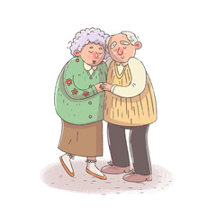 Grandparents hug and smile. Happy old age. Couple in love.