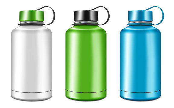 Blank insulated water bottle isolated on white background, vector mockup. Stainless steel sport flask, mock-up. Template for design. Color set. Easy to recolor