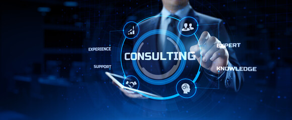 Consulting service business concept. Businessman pressing button on screen. - obrazy, fototapety, plakaty