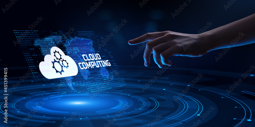 Poster cloud computing technology concept. business infrastructure service. hand pressing button.