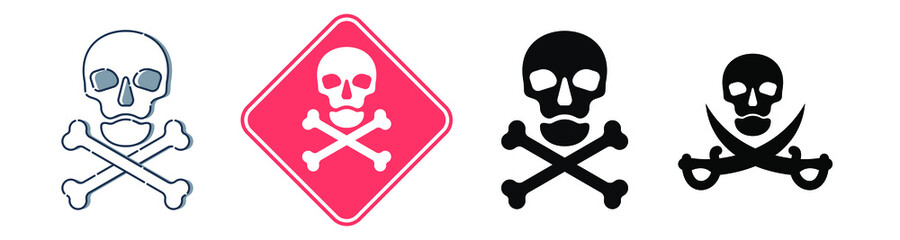 Human skull in full face view and crossbones on white background. Four kinds isolated illustration in flat style. Poison sign and symbol. An image of danger to humans. Icon of hazard to life. - Powered by Adobe