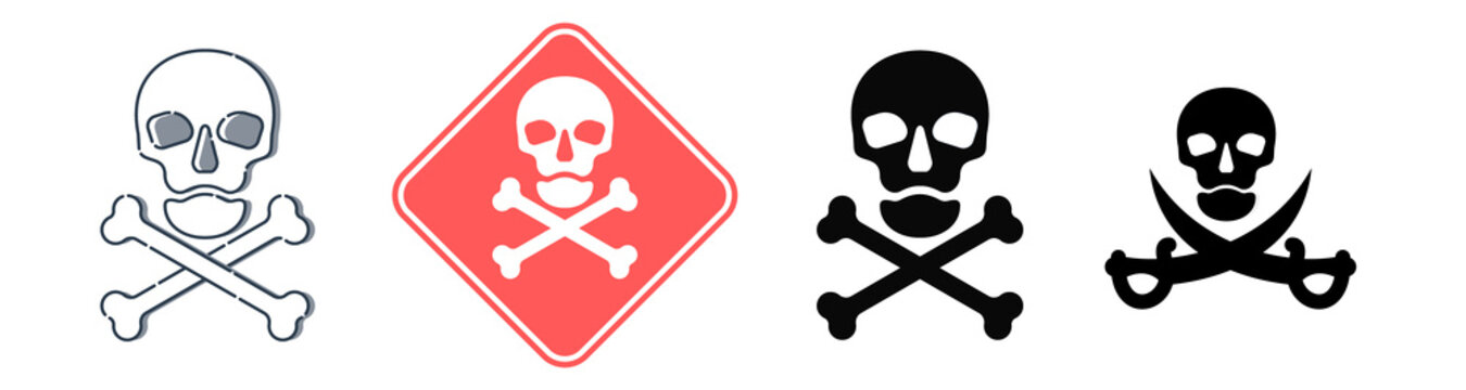 Human skull in full face view and crossbones on white background. Four kinds isolated illustration in flat style. Poison sign and symbol. An image of danger to humans. Icon of hazard to life.