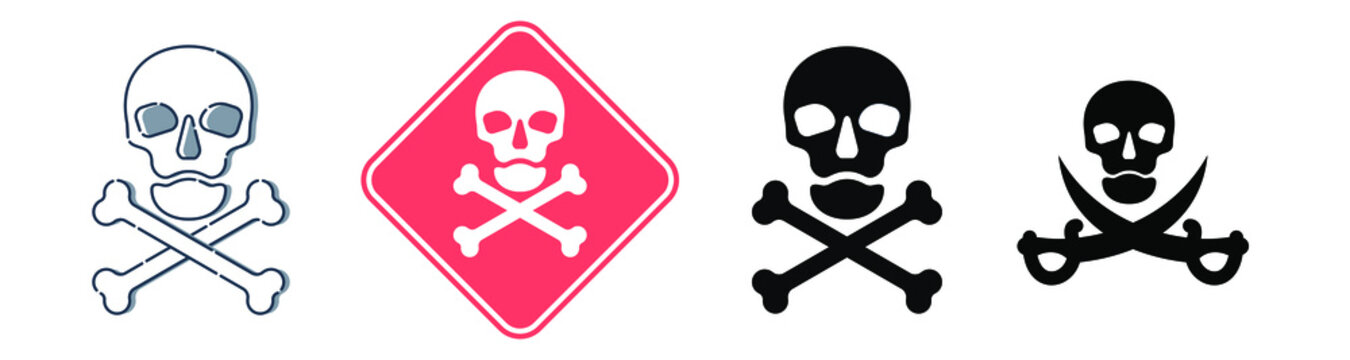 Human skull in full face view and crossbones on white background. Four kinds isolated illustration in flat style. Poison sign and symbol. An image of danger to humans. Icon of hazard to life.
