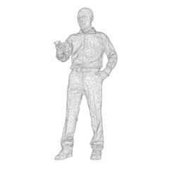 Fototapeta na wymiar Wireframe of a man looking into his phone in hand from black lines isolated on white background. 3D. Vector illustration