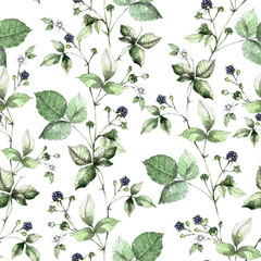 Watercolor forest berry with foliage on white background. Seamless patter for fabric and wrapping paper.