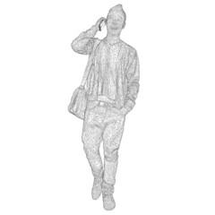 Wireframe of a man with a bag on his shoulder talking on the phone isolated on a white background. 3D. Vector illustration